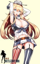 Rule 34 | 10s, 1girl, :d, american flag panties, american flag print, anchor, armband, arms up, asymmetrical legwear, blonde hair, blue eyes, breasts, character name, chiyo goya, cleavage, clothes writing, detached sleeves, front-tie top, garter straps, gloves, hair between eyes, headgear, highres, iowa (kancolle), kantai collection, large breasts, legs apart, long hair, looking at viewer, miniskirt, mismatched legwear, navel, open mouth, panties, pantyshot, print panties, silhouette, simple background, skirt, sleeveless, smile, solo, standing, star-shaped pupils, star (symbol), stomach, striped clothes, striped thighhighs, symbol-shaped pupils, thighhighs, underwear, upskirt, vertical-striped clothes, vertical-striped thighhighs, yellow background