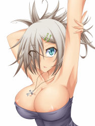 Rule 34 | 1girl, aki (suterii), areola slip, armpits, bad id, bad pixiv id, blue eyes, breasts, cleavage, collarbone, cross, cross necklace, dress, grey hair, hair ornament, hair over one eye, hairclip, highres, jewelry, large breasts, long hair, necklace, nipple slip, nipples, open mouth, original, ponytail, short hair, solo, suterii, tight clothes