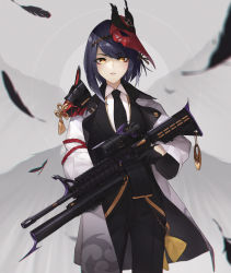 Rule 34 | 1girl, absurdres, alternate costume, armor, assault rifle, black feathers, black gloves, black hair, black pants, blurry, coat, commentary request, contemporary, depth of field, feathers, formal, genshin impact, gloves, gun, highres, holding, holding gun, holding weapon, huge filesize, juffles, kujou sara, long sleeves, looking at viewer, mask, mask on head, necktie, pants, parted lips, rifle, short hair, shotgun, shoulder armor, sidelocks, solo, suit, tengu mask, trigger discipline, weapon, white background, white coat, yellow eyes