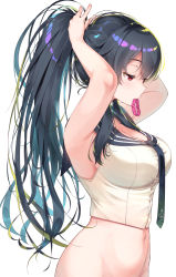 Rule 34 | 10s, 1girl, adjusting hair, anchor symbol, arm up, armpits, arms behind head, asahina hikage, bare arms, bare shoulders, black hair, blush, bottomless, breasts, cleavage, from side, gradient hair, green hair, hair tie, hairdressing, half-closed eyes, kantai collection, large breasts, long hair, looking down, mouth hold, multicolored hair, navel, out-of-frame censoring, ponytail, red eyes, sailor collar, shirt, simple background, sleeveless, sleeveless shirt, solo, stomach, tying hair, upper body, very long hair, white background, white shirt, yahagi (kancolle)