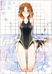 Rule 34 | 10s, 1girl, :o, amakata miho, arm support, brown eyes, brown hair, competition swimsuit, dated, free!, highres, leaning back, one-piece swimsuit, saberiii, shallow water, short hair, sitting, solo, swimsuit, wariza, water