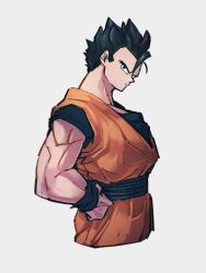 Rule 34 | 1boy, black eyes, black hair, black wristband, closed mouth, cropped legs, dougi, dragon ball, dragonball z, from side, grey background, hand on own hip, kemachiku, looking at viewer, male focus, muscular, muscular male, sash, serious, short hair, short sleeves, simple background, solo, son gohan, spiked hair