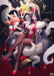 Rule 34 | 3girls, :o, ahri (league of legends), animal ears, ankle ribbon, ankleband, anklet, artist name, back, backless outfit, black hair, blonde hair, blue eyes, blush, bow, breasts, choker, citemer, closed eyes, closed mouth, crossed legs, detached sleeves, facial tattoo, fake animal ears, fake tail, fox ears, fox tail, fur, fur trim, hairband, high heels, high ponytail, highleg, highleg leotard, highres, jewelry, large breasts, league of legends, leg ribbon, leotard, lips, lipstick, long hair, looking at viewer, makeup, medium hair, multiple girls, nail polish, navel, open mouth, orange hair, pantyhose, parted lips, playboy bunny, ponytail, rabbit ears, rabbit tail, ribbon, sitting, small breasts, smile, swept bangs, tail, tattoo, very long hair, wrist cuffs