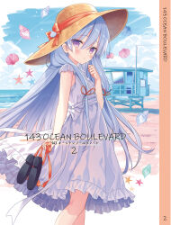 Rule 34 | 1girl, beach, black footwear, blue hair, blush, bow, brown hat, closed mouth, conch, dress, feet out of frame, hair between eyes, hat, hat bow, holding, holding clothes, holding footwear, holding sandals, horizon, lala tramont, ocean, original, purple eyes, red bow, sand, sandals, seashell, shell, shoe soles, sleeveless, sleeveless dress, solo, standing, starfish, sun hat, unworn sandals, water, white dress, yuuki rika