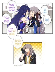 Rule 34 | 2koma, 3girls, absurdres, black gloves, black jacket, blue hair, blush, bronya rand, brown gloves, closed eyes, comic, dress, english text, fingerless gloves, gloves, grey hair, hair between eyes, hand grab, hand up, hands on another&#039;s cheeks, hands on another&#039;s face, highres, honkai: star rail, honkai (series), jacket, long hair, looking at another, multiple girls, natsuki (2917), open mouth, purple eyes, purple hair, seele (honkai: star rail), shirt, single glove, speech bubble, stelle (honkai: star rail), teeth, trailblazer (honkai: star rail), upper teeth only, white shirt
