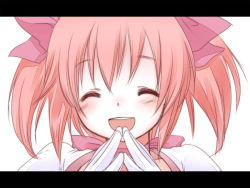 Rule 34 | 10s, 1girl, :d, close-up, closed eyes, fujisaki hikari, happy, kaname madoka, letterboxed, mahou shoujo madoka magica, mahou shoujo madoka magica (anime), open mouth, pink hair, short hair, short twintails, smile, solo, steepled fingers, twintails