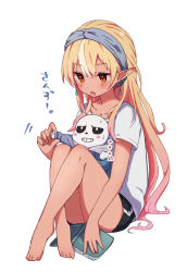 Rule 34 | ..., 1boy, 1girl, aged down, alternate costume, bare legs, barefoot, black shorts, blonde hair, blue hoodie, blush, book, casual, commentary, crossed legs, crossover, dark-skinned female, dark skin, earrings, full body, gradient hair, hair between eyes, hairband, highres, hololive, hood, hoodie, jewelry, long hair, looking at another, looking down, multicolored hair, open book, open mouth, orange eyes, pink hair, pointy ears, sans (undertale), sasaki (glass1138), shiranui flare, shirt, short shorts, short sleeves, shorts, simple background, sitting, sitting on lap, sitting on person, streaked hair, sweatdrop, symbol-only commentary, t-shirt, translated, undertale, virtual youtuber, white background, white hair, white shirt