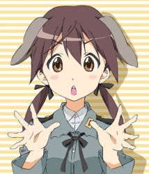 Rule 34 | &gt;:o, 1girl, :o, animal ears, blush stickers, brown eyes, derivative work, dog ears, face, gertrud barkhorn, k-on!, military, military uniform, open mouth, outstretched hand, palms, parody, round teeth, solo, spread fingers, strike witches, striped, striped background, style parody, teeth, twintails, umanosuke, uniform, v-shaped eyebrows, world witches series