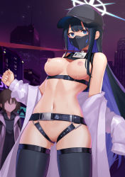 Rule 34 | 2girls, absurdres, bare shoulders, baseball cap, bdsm, belt, black belt, black hair, black headwear, black hoodie, black mask, black shirt, black thighhighs, blue archive, blue eyes, breasts, buckle, chest harness, cityscape, cleft of venus, coat, collar, commentary, commission, cowboy shot, crop top, english commentary, exhibitionism, faceless, faceless female, gluteal fold, hair between eyes, halo, harness, hat, highres, hood, hoodie, id card, lactation, leash, long hair, looking at viewer, mask, medium breasts, misaki (blue archive), mouth mask, multiple girls, navel, night, nipples, nude, off shoulder, outdoors, public indecency, pussy, saori (blue archive), shirt, short hair, skindentation, slave, sleeveless, sleeveless shirt, snap-fit buckle, solo focus, standing, stomach, super hellrat, thighhighs, white coat