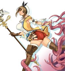 Rule 34 | 1girl, artist request, ass, atelier (series), atelier ryza, bare shoulders, blush, boot, boots, breasts, brown eyes, brown hair, gloves, hair ornament, hairclip, hat, highres, large breasts, looking back, looking down, open mouth, red shorts, reisalin stout, restrained, ribbon, running, shiny skin, short hair, short shorts, shorts, sideboob, single glove, staff, sweatdrop, tentacles, thigh boots, thighhighs