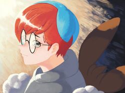 Rule 34 | 1girl, backpack, bag, black-framed eyewear, black sweater, blue hair, blush, brown background, closed mouth, creatures (company), eevee, female focus, from side, game freak, gen 1 pokemon, glasses, grey eyes, happy, highres, looking at viewer, maemuki, multicolored hair, nintendo, nose blush, objectification, penny (pokemon), pokemon, pokemon sv, portrait, red hair, round eyewear, short hair, smile, solo, sweater, swept bangs, two-tone hair
