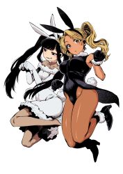 Rule 34 | 2girls, alternate hairstyle, animal costume, animal ears, black footwear, black gloves, black hair, black hairband, black leotard, black vs white, blonde hair, bodystocking, breasts, chinese zodiac, covered collarbone, covered navel, dress, elbow gloves, fake animal ears, food court de mata ashita, full body, fur-trimmed dress, fur-trimmed gloves, fur trim, gloves, grin, hairband, high heels, highleg, highleg leotard, highres, jumping, large breasts, legs, leotard, long hair, medium breasts, multiple girls, nariie shin&#039;ichirou, new year, off-shoulder dress, off shoulder, pantyhose, paw pose, playboy bunny, rabbit costume, rabbit ears, rabbit tail, sidelocks, small breasts, smile, tail, tailcoat, tan, twintails, wada (food court), white dress, white footwear, white gloves, white hairband, yamamoto (food court), year of the rabbit