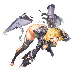 Rule 34 | 1girl, ahoge, ass, battle damage, between breasts, black footwear, black jacket, black thighhighs, blonde hair, blue eyes, boots, breasts, broken goggles, bruise, chest harness, covered erect nipples, defeat, flying, full body, game cg, goggles, green leotard, griffon (last origin), harness, headgear, headphones, headphones around neck, highres, holding, holding goggles, holding rocket launcher, holding weapon, injury, jacket, kakiman, knee boots, large breasts, last origin, leaning forward, leotard, looking at viewer, mechanical parts, no panties, official alternate color, official art, one eye closed, open clothes, open jacket, open mouth, rocket launcher, shoes, short hair, single shoe, skindentation, solo, tachi-e, thighhighs, third-party source, torn clothes, torn jacket, torn leotard, torn thighhighs, v-shaped eyebrows, weapon