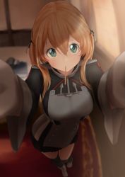 Rule 34 | 1girl, anchor hair ornament, aqua eyes, black skirt, blonde hair, blurry, blurry background, blush, breasts, depth of field, enoshito, food, gloves, hair ornament, highres, incoming pocky kiss, indoors, jacket, kantai collection, large breasts, long hair, looking at viewer, low twintails, microskirt, military, military uniform, mouth hold, pleated skirt, pocky, pocky kiss, pov, pretz, prinz eugen (kancolle), reaching, reaching towards viewer, shared food, skirt, smile, solo, standing, thighhighs, twintails, uniform, white gloves