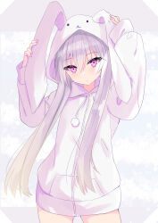 Rule 34 | 1girl, absurdres, animal ears, arms up, closed mouth, commentary request, cowboy shot, drawstring, fake animal ears, gluteal fold, grey hair, hair between eyes, hand on own ear, highres, hizaka, hood, hood up, hooded jacket, jacket, long hair, long sleeves, nail polish, original, pink eyes, pink nails, pom pom (clothes), puffy long sleeves, puffy sleeves, rabbit ears, sleeves past wrists, solo, standing, very long hair, white jacket