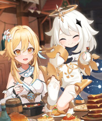 Rule 34 | 2girls, black scarf, blonde hair, blurry, blurry background, breasts, chicken (food), cleavage, closed eyes, detached sleeves, dress, flower, food, genshin impact, grey hair, hair flower, hair ornament, halo, hand on own cheek, hand on own face, highres, holding, holding spoon, kiukoma, long hair, lumine (genshin impact), mechanical halo, medium breasts, multiple girls, open mouth, paimon (genshin impact), pancake, pancake stack, scarf, short hair with long locks, single thighhigh, sleeveless, sleeveless dress, spoon, thighhighs, white dress, white flower, white footwear, white thighhighs, yellow eyes
