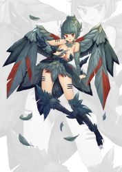 Rule 34 | 1girl, absurdres, animal ears, bare shoulders, bird ears, bird legs, blush, breasts, claws, cleavage, feathers, grey feathers, grey hair, grey wings, hair up, harpy, highres, medium breasts, monster girl, neck ruff, open mouth, original, red eyes, red feathers, shitoi (aqua1487), short hair, simple background, solo, talons, wings, zoom layer