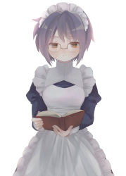 Rule 34 | 1girl, apron, book, brown eyes, closed mouth, expressionless, glasses, hakodao081049, highres, holding, holding book, long sleeves, maid, maid apron, nagato yuki, puffy long sleeves, puffy sleeves, purple eyes, reading, short hair, simple background, solo, suzumiya haruhi no yuuutsu, white apron, white background