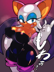 Rule 34 | 1girl, animal ears, animal nose, bare shoulders, bat ears, bat girl, bat wings, black bodysuit, blue eyes, blue eyeshadow, body fur, bodysuit, boots, breasts, breath, cleavage, colored skin, covered erect nipples, elbow gloves, eyeshadow, female focus, furry, furry female, gloves, gradient background, half-closed eyes, hand on own hip, hand up, happy, highres, index finger raised, japanese text, large breasts, looking at viewer, makeup, open mouth, orange skin, pepper gomashio, purple wings, red background, rouge the bat, shiny clothes, short hair, sideways mouth, simple background, smile, solo, sonic (series), standing, sweat, thigh boots, translation request, white footwear, white fur, white gloves, white hair, wide hips, wings