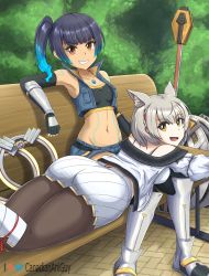 Rule 34 | 2girls, animal ears, ass, bare shoulders, bench, blue hair, boots, breasts, brown eyes, canadiananiguy, cat ears, chakram, chest jewel, from behind, green eyes, grin, hammer, highres, long hair, looking at viewer, looking back, lying, mio (xenoblade), multiple girls, on lap, on person, on stomach, pantyhose, sena (xenoblade), shiny clothes, shiny skin, short hair, short shorts, shorts, sitting, skirt, smile, sports bra, weapon, xenoblade chronicles (series), xenoblade chronicles 3