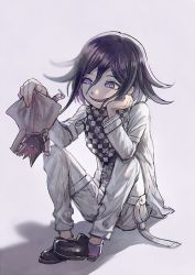 Rule 34 | 2boys, aoki (fumomo), black footwear, black hair, checkered clothes, checkered neckwear, checkered scarf, chibi, commentary request, danganronpa (series), danganronpa v3: killing harmony, evil smile, flipped hair, full body, grey background, grey jacket, grey pants, hand on own cheek, hand on own face, holding person, jacket, looking at another, male focus, momota kaito, multiple boys, open mouth, oma kokichi, pants, pink jacket, purple eyes, purple hair, scarf, shoes, sitting, smile, sweat