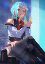 Rule 34 | bare shoulders, bodysuit, breasts, cyberpunk, cyberpunk (series), cyberpunk edgerunners, emknov, highres, holding, holding lighter, jacket, lighter, looking at viewer, lucy (cyberpunk), multicolored eyes, multicolored hair, open clothes, open jacket, short shorts, shorts, smile, thighs