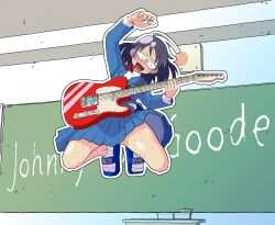 1girl ahoge arm_up black_eyes black_hair blazer blue_jacket blue_sandals blue_skirt blush chalkboard classroom collared_shirt commentary_request dress_shirt electric_guitar fender_telecaster full_body futsuu_no_keion-bu guitar guitar_strap hatono_chihiro highres holding holding_guitar holding_instrument holding_plectrum instrument jacket jumping lapels long_sleeves medium_hair midair name_tag neck_ribbon okarin_(okarin0083) outline pleated_skirt plectrum public_address_system red_ribbon ribbon sandals school school_uniform shirt skirt slides socks solo sweat v-shaped_eyebrows white_outline white_shirt white_socks wing_collar