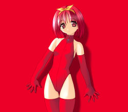 Rule 34 | 1girl, bodysuit, bow, breasts, cowboy shot, elbow gloves, gloves, hair ribbon, hairband, halterneck, highres, kamigishi akari, leotard, light smile, looking at viewer, norizou type-r, pink hair, red background, red eyes, red gloves, red hair, red leotard, red theme, red thighhighs, ribbon, shadow, short hair, simple background, small breasts, smile, solo, standing, thigh gap, thighhighs, to heart, to heart (series), turtleneck, yellow bow, zipper