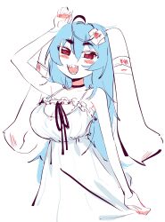 Rule 34 | 1girl, :3, :d, absurdres, ahoge, animal ears, bandages, black ribbon, blue hair, blush stickers, breasts, choker, cleavage, cleavage cutout, clothing cutout, double-parted bangs, dress, dress grab, eds, hair between eyes, highres, indie virtual youtuber, large breasts, light blue hair, lop rabbit ears, open mouth, para (vtuber), para (vtuber) (1st costume), rabbit ears, rabbit girl, red eyes, ribbon, sharp teeth, sidelocks, smile, spaghetti strap, sundress, teeth, thick eyebrows, upper body, virtual youtuber, white background, white dress
