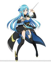 Rule 34 | 10s, 1girl, asuna (sao), asuna (sao-alo), black thighhighs, blue eyes, blue hair, breasts, cleavage, detached sleeves, full body, highres, holding, holding sword, holding weapon, long hair, matching hair/eyes, medium breasts, pointy ears, rapier, simple background, solo, sword, sword art online, thighhighs, watermark, weapon, white background
