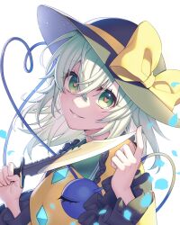 Rule 34 | 1girl, black hat, blouse, bow, buttons, commentary request, diamond button, fingernails, frilled shirt collar, frilled sleeves, frills, green eyes, green hair, hair between eyes, hands up, hat, hat bow, heart, heart in eye, heart of string, highres, holding, holding knife, knife, komeiji koishi, long sleeves, looking at viewer, medium hair, mise yuzuki, parted lips, petals, shirt, smile, solo, symbol in eye, third eye, touhou, upper body, white background, wide sleeves, yellow bow, yellow shirt