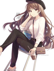 Rule 34 | 1girl, bag, belt, between breasts, black pants, breasts, brown eyes, brown hair, chair tipping, commentary request, cup, curly hair, earrings, hand on own cheek, hand on own face, handbag, holding, holding cup, ice, iced coffee, jewelry, kagachi saku, long hair, medium breasts, necklace, no socks, original, over shoulder, pants, ring, shoes, sitting, smile, strap between breasts, straw, sweater, watch, watermark, web address, white sweater