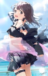 Rule 34 | 1girl, :d, absurdres, armpit crease, bare shoulders, belt, bikini, bikini skirt, black jacket, blurry, blurry background, breasts, cloud, cloudy sky, commentary request, day, frilled bikini, frills, from behind, hand up, highres, holding, holding swim ring, innertube, jacket, jacket partially removed, lens flare, long sleeves, looking back, nanase kurumi (menhera-chan), ocean, open mouth, original, pomu (joynet), sky, small breasts, smile, solo, standing, sunlight, swim ring, swimsuit, thigh belt, thigh strap, torn clothes, torn jacket, turning head