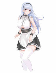 Rule 34 | 1girl, absurdres, apron, azur lane, black hairband, black skirt, breasts, center frills, clothing cutout, collar, dido (azur lane), feet out of frame, frilled apron, frilled shirt, frills, hairband, highres, huge breasts, kuyoumi, looking at viewer, metal collar, purple hair, red eyes, shirt, simple background, skirt, sleeveless, sleeveless shirt, solo, standing, thighhighs, underboob, underboob cutout, white apron, white background, white shirt, white thighhighs, wrist cuffs, zettai ryouiki