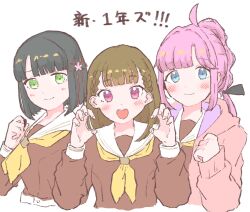 Rule 34 | 3girls, :d, ahoge, anyoji hime, black hair, black ribbon, blue eyes, blunt bangs, blunt ends, blush, braid, brown dress, brown hair, center-flap bangs, closed mouth, commentary, cropped torso, dress, flower, green eyes, hair flower, hair ornament, hair ribbon, hasu no sora school uniform, highres, jacket, kachimachi kosuzu, link! like! love live!, long hair, long sleeves, looking at viewer, love live!, momose ginko, multi-tied hair, multiple girls, neckerchief, open clothes, open jacket, open mouth, pink eyes, pink hair, pink jacket, ponytail, ribbon, sailor collar, sailor dress, school uniform, short hair, side braids, sidelocks, simple background, smile, straight hair, teeth, tommy (totototommy t0m), translation request, upper teeth only, virtual youtuber, white background, white sailor collar, winter uniform, yellow neckerchief