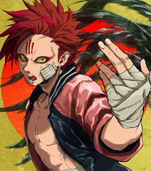 Rule 34 | 1boy, bandage on face, bandages, bare pectorals, bleeding, blood, blood from mouth, blood on face, commentary request, facial mark, green eyes, jacket, looking at viewer, male focus, original, pectorals, red hair, simple background, solo, teeth, yasuo (chisyu0204)