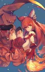 Rule 34 | 10s, 1girl, animal ears, anthuria, bare shoulders, bazooka oiran, black thighhighs, blush, dress, erune, fire, gradient hair, granblue fantasy, hair ornament, highres, long hair, looking at viewer, multicolored hair, orange hair, red dress, red eyes, red hair, simple background, smile, solo, thighhighs