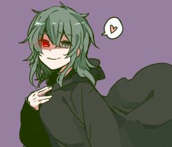 Rule 34 | 10s, 1girl, bad id, bad pixiv id, eto (tokyo ghoul), glowing, glowing eye, green eyes, green hair, hand on own chest, heart, heterochromia, long hair, long sleeves, matching hair/eyes, purple background, red eyes, simple background, smile, solo, speech bubble, spoken heart, tokyo ghoul, umesasami, umesiso sasami, upper body
