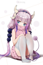 Rule 34 | 10s, 1girl, aran sweater, artist name, beads, blue eyes, blue ribbon, blush, cable knit, covered mouth, dragon girl, dragon horns, dress, full body, gradient hair, hair beads, hair ornament, hair ribbon, halterneck, hands on own knees, highres, horns, kanna kamui, knees up, kobayashi-san chi no maidragon, light purple hair, long hair, looking at viewer, meme attire, multicolored hair, pink sweater, purple hair, ribbed sweater, ribbon, sitting, solo, sweater, sweater dress, tail, thighhighs, turtleneck, turtleneck sweater, twintails, very long hair, virgin killer sweater, white background, white thighhighs, wumumu