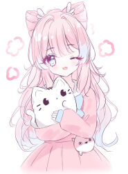 Rule 34 | 1girl, ;d, animal, animal hug, blue eyes, blush, bow-shaped hair, cat, commentary request, dress, genshin impact, hair between eyes, long hair, long sleeves, looking at viewer, one eye closed, open mouth, pink dress, pink hair, pleated dress, puffy long sleeves, puffy sleeves, sacabambaspis, sangonomiya kokomi, simple background, sleeves past wrists, smile, solo, tandohark, very long hair, white background, white cat