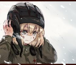Rule 34 | 10s, bad id, bad twitter id, black hat, blizzard, blonde hair, blue eyes, closed mouth, commentary, dirty, dirty face, frown, girls und panzer, green jumpsuit, hands on headwear, hat, helmet, jumpsuit, katyusha (girls und panzer), letterboxed, long sleeves, pravda military uniform, short hair, sketch, snow, solo, tank helmet, tearing up, upper body, yuuyu (777)