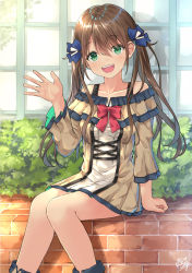 Rule 34 | 1girl, :d, bare shoulders, blue ribbon, blush, boots, bow, brick wall, brown dress, brown hair, collarbone, commentary request, day, dress, green eyes, hair between eyes, hair ribbon, hand up, head tilt, hedge, highres, long hair, long sleeves, miko fly, off-shoulder dress, off shoulder, open mouth, original, outdoors, pleated dress, red bow, reflection, ribbon, sidelocks, signature, sitting, smile, solo, twintails, window