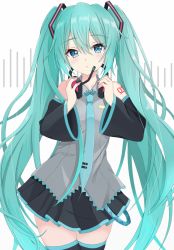 Rule 34 | aqua eyes, aqua hair, aqua necktie, bare shoulders, black skirt, black sleeves, black thighhighs, commentary, cowboy shot, detached sleeves, graphic equalizer, grey shirt, hair ornament, hands on headphones, hatsune miku, headphones, headphones around neck, headphones removed, headset, highres, holding, holding headphones, light blush, long hair, looking at viewer, miniskirt, mochimugi rice, necktie, parted lips, pleated skirt, shirt, shoulder tattoo, skirt, sleeveless, sleeveless shirt, solo, standing, tattoo, thighhighs, twintails, very long hair, vocaloid, white background, zettai ryouiki