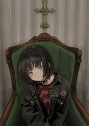 Rule 34 | 1girl, absurdres, armchair, black hair, black jacket, blunt bangs, blush, chair, collar, commentary, cross, english commentary, gishiki (gshk), head tilt, highres, jacket, latin cross, leather, leather jacket, looking at viewer, medium hair, on chair, open clothes, open jacket, original, parted lips, red shirt, shirt, sitting, solo, spiked collar, spikes, striped clothes, striped shirt, yellow eyes