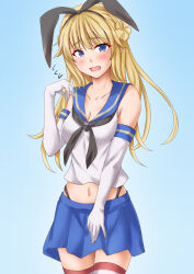 Rule 34 | 1girl, anti (untea9), black neckerchief, black panties, blonde hair, blue eyes, blue sailor collar, blue skirt, blush, breasts, cleavage, collarbone, cosplay, cowboy shot, crop top, elbow gloves, flying sweatdrops, gloves, highleg, highleg panties, highres, kantai collection, long hair, medium breasts, navel, neckerchief, open mouth, panties, pleated skirt, ranger (kancolle), sailor collar, school uniform, serafuku, shimakaze (kancolle), shimakaze (kancolle) (cosplay), skirt, sleeveless, solo, striped clothes, striped thighhighs, thighhighs, underwear, white gloves