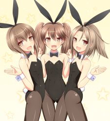 Rule 34 | 10s, 3girls, :d, animal ears, breasts, brown eyes, brown hair, detached collar, fake animal ears, flat chest, girl sandwich, gradient background, holding hands, kantai collection, ki (kk-sk-ray), leotard, multiple girls, open mouth, pantyhose, playboy bunny, ponytail, rabbit ears, rabbit tail, revision, ryuujou (kancolle), sandwiched, short hair, small breasts, smile, taihou (kancolle), tail, twintails, wrist cuffs, zuihou (kancolle)