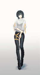 Rule 34 | 1girl, absurdres, belt, black eyes, black footwear, black hair, black pants, boots, closed mouth, commentary, expressionless, full body, gradient background, grey background, hand on own arm, head tilt, highres, original, pants, shadow, short hair, short sleeves, solo, sweater, teraka1110, thigh strap, walking, white background, white sweater