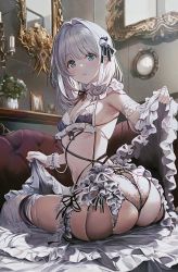 Rule 34 | 1girl, :(, armpits, ass, ass focus, assisted exposure, belt, bikini, blue eyes, breasts, candle, couch, flower, flower ornament, huge ass, kurono mitsuki, long skirt, looking at viewer, maid, mirror, on couch, original, panties, ribbon, short hair, silver hair, skirt, small breasts, strap, swimsuit, underwear, vase, wall, wedgie, white hair