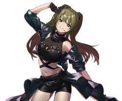 Rule 34 | 1girl, arm up, black shorts, breasts, cowboy shot, crop top, cropped jacket, earrings, gem, gloves, green eyes, green hair, green jacket, headset, highres, idolmaster, idolmaster shiny colors, jacket, jewelry, long hair, medium breasts, microphone, midriff, morio926, nanakusa nichika, navel, sarong, short shorts, shorts, simple background, sleeves pushed up, solo, twintails, white background