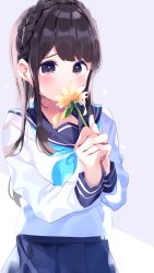 Rule 34 | 1girl, aqua neckerchief, black sailor collar, black skirt, braid, brown eyes, brown hair, chikuwa., commentary request, covered mouth, flower, flower over mouth, grey background, hands up, highres, holding, holding flower, long hair, long sleeves, looking at viewer, neckerchief, original, pleated skirt, sailor collar, school uniform, serafuku, shirt, skirt, solo, tears, two-tone background, wet, white background, white shirt, yellow flower
